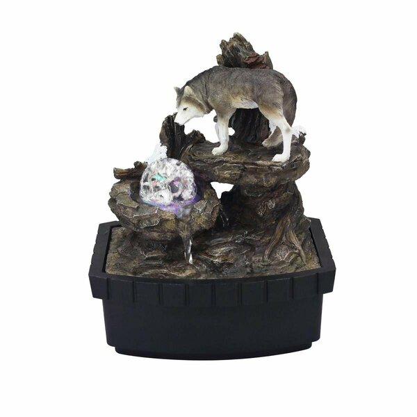 Homeroots 10 in. Polyresin Wolf Tabletop Fountain Sculpture, Black 468304